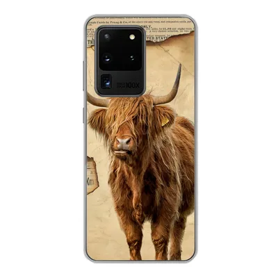 Produktbild von MuchoWow® Handyhülle Schutzhülle Hülle für Samsung Galaxy S20 Ultra Schottischer Highlander - Retro - Zeitungsartikel Silikon Softcase Handy Hülle - Karteninhaber