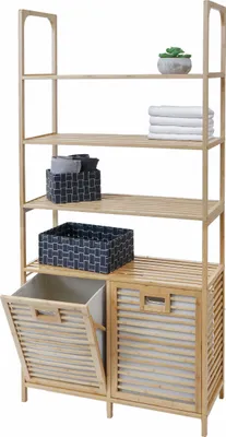 Immagine prodotto di Armadietto da bagno in bambù HWC-N83, scaffale Armadietto da bagno, 2 cesti per la biancheria 4 ripiani ® 168x81x33cm