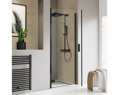 Produktbild von Duschtür in Nische mit Pendeltür SCHULTE TouraPlus ExpressPlus 80 cm Profil schwarz Klarglas schmutzabweisende Glasbesch
