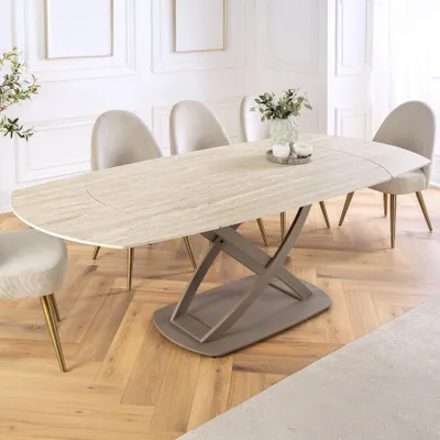 Produktbild von riess-ambiente Ausziehbarer Esstisch INCEPTION 130-190cm oval Travertin Keramik champagner greige