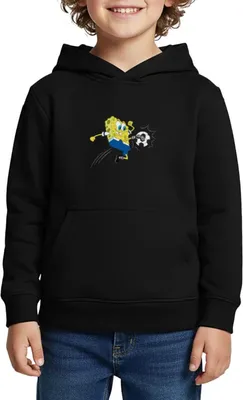 Produktbild von Spreadshirt Spongebob Schwammkopf Kickt Einen Fußball Kinder Premium Hoodie, 146/152 (10 Jahre), Schwarz