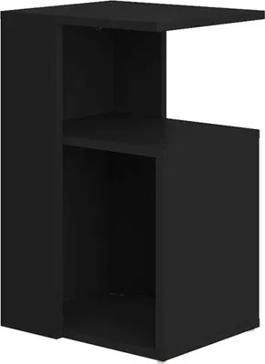 A black cube-shaped side table with an open shelf.