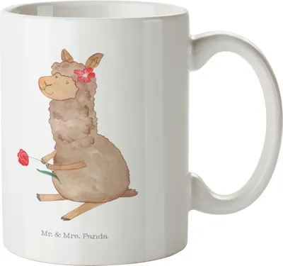 Produktbild von Mr. & Mrs. Panda Tasse Alpaka Blume - Weiß - Geschenk, Kaffeepott, Lama, Bedruckte, Kaffeetasse, Keramikbecher, Kaffeebecher, Spruch, Henkelpott, Lamas