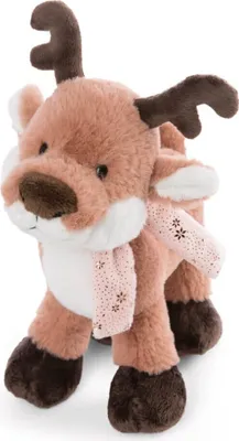 A plush toy reindeer with a pink scarf.