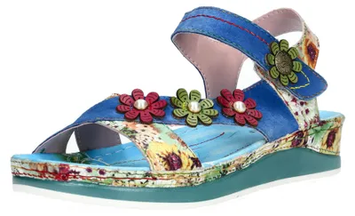 Produktbild von Laura Vita Damen Sandale mit Blumenapplikationen und Perlenbesatz Brcuelo 81, Größe:40 EU, Farbe:Blau