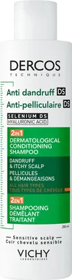 A bottle of Vichy Dercos Anti-Dandruff shampoo.