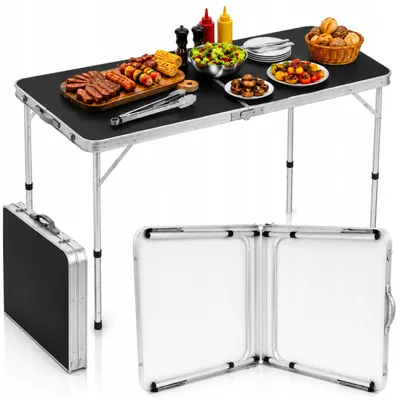 Obrázok produktu pre OMNA | Sklopný stolík 120x60 cm - Čierna farba - Prenosný - S nastaviteľnou výškou - Ideálny na kempovanie a do záhrady
