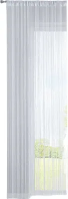 A white sheer curtain hanging on a curtain rod, with a window and greenery visible through it.
