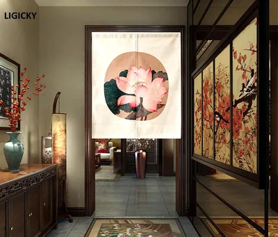 Productafbeelding van Japanse stijl Noren deuropening gordijn kort katoen linnen tapijt voor woondecoratie 85 x 90 cm (vintage lotusbloem)