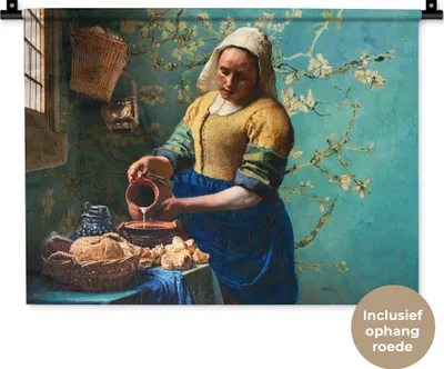 Produktbild von MuchoWow® Wandteppich Wandbehang Milchmädchen - Mandelblüte - Van Gogh - Vermeer - Gemälde - Alte Meister 60x45 cm Tapisserie Dekoration Wandtuch - Das Schlafzimmer