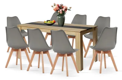 Image de Ensemble de salle à manger comprenant une table rectangulaire en chêne et noir de 160x80 cm, ainsi que 8 chaises grises