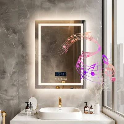 Produktbild von Vrygle LED Badspiegel mit Bluetooth Lautsprecher 90x70 cm: mit Beleuchtung, Uhr, Wetterstation, 4 Touchschalter, Steckdose, dimmbar, beschlagfrei