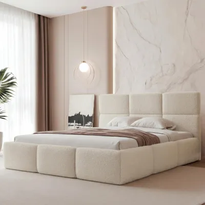 Produktbild von Polsterbett VIVIEN 140x200 Beige Boucle Teddy-Stoff mit Bettkasten Lattenrost