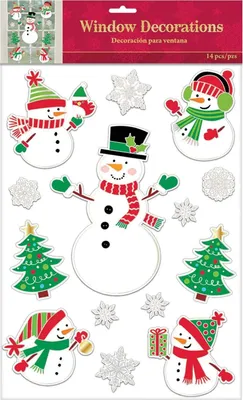 Image de Amscan 241916 - Décorations de fenêtre Bonhomme de neige, 1 feuille de 14 autocollants, dimensions 43,1 x 30,5 cm, autocollants, Bonhomme de neige, sapin, flocons de neige, pour Noël