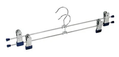 A pair of metal hangers for pants or skirts, with clips.