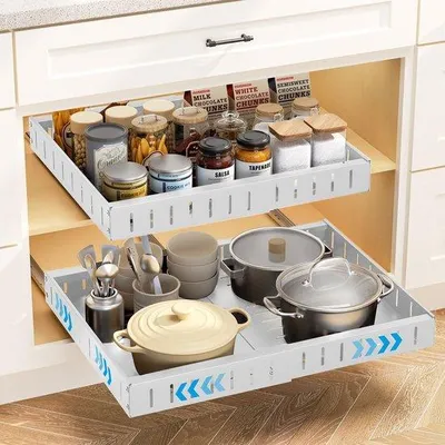 Immagine prodotto di Organizzatore telescopico estraibile per cassetti, ideale per armadi da cucina, regolabile da 31 a 52 cm, in metallo con guide ammortizzate, facile da montare