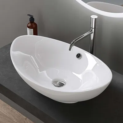 Immagine prodotto di doporro Lavabo Ovale da Appoggio in Vetroceramica Bianco Lucido 59 cm, Lavandino Bagno con Troppopieno Effetto Loto Brüssel818