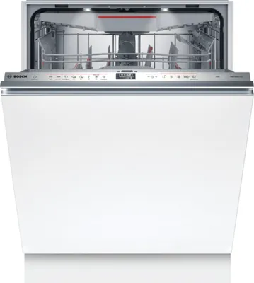 A white Bosch dishwasher with its door open, showing the interior racks and control panel.