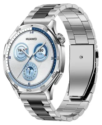 Zdjęcie produktu dla Bransoleta ze stali nierdzewnej - Huawei Watch GT 6 Pro 46 mm - 22 mm - Pasuje do zegarków Huawei Watch 4/4 Pro - Zapięcie typu motylkowe - Srebrny/Czarny