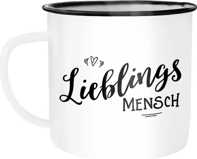Produktbild von Emaille Tasse Becher Lieblingsmensch Geschenk Liebe Freundschaft Valentinstag Partner Freundin Kaffeetasse Moonworks® weiß-schwarz unisize