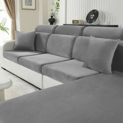 Productafbeelding van Set van 2 fluwelen zitkussens, lichtgrijs, geschikt voor eenpersoonsbanken, stretchmateriaal, antislip, wasbaar