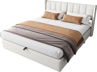 Produktbild von Binaurales LED-Polsterbett 140 x 200 cm, hydraulisches Bett, wiederaufladbarer USB-Anschluss im Bett, mit LED-Beleuchtung mit Stauraum,weiß