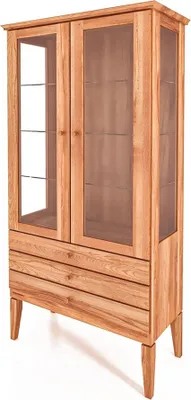 Produktbild von Vitrine Sydo aus Kernbuche massiv 94x45x180 Holzbeine 2 Türen 3 Schubladen Glas