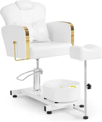 Produktbild von Pediküre Stuhl mit Fußbadewanne & Pediküre Hocker, Friseurstuhl Höhenverstellbar & Kippbar, Fußpflegestuhl für Nagelstudio Retro F0371 (Gold-Weiß)