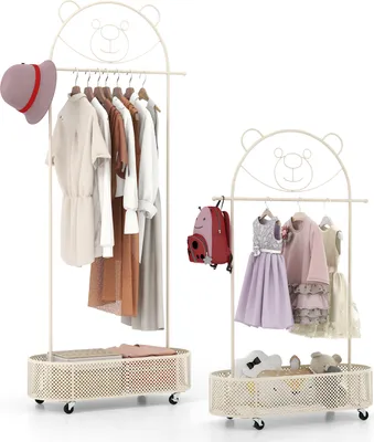 Two children's clothing racks with clothes and accessories displayed against a white background.