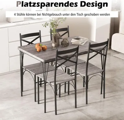 Produktbild von 5-teilige Essgruppe für 4 Personen moderner rechteckiger Esstisch und 4 Esszimmerstühle Grau und Schwarz