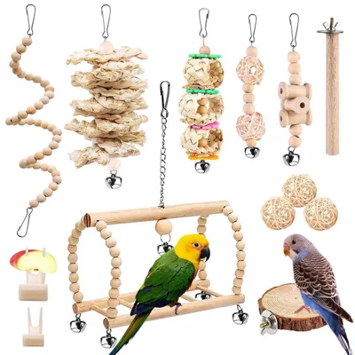 Productafbeelding van 13-delig vogel speelgoed van natuurlijk hout: schommel, zitstokken en klimtoestel voor parkieten, kanaries en valkparkieten