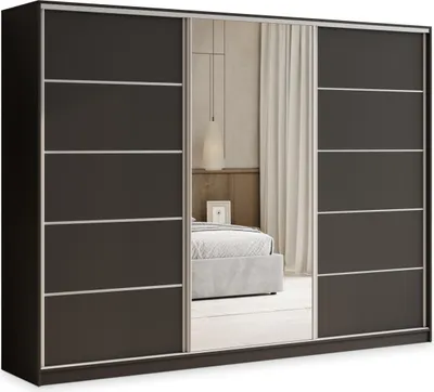 Produktbild von Masseno Schiebetürenschrank PINA 250/205/58 cm Kleiderschrank mit 4 Schubladen Schlafzimmer Schrank 3-türig mit Spiegel Schwarz
