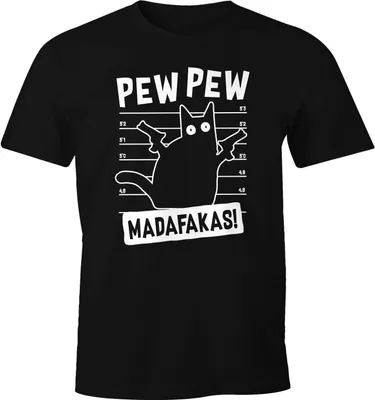 Produktbild von Herren T-Shirt Pew Pew Madafakas! Lustige Katze Crazy Cat Pistole Fun-Shirt Spruch lustig Moonworks® schwarz S