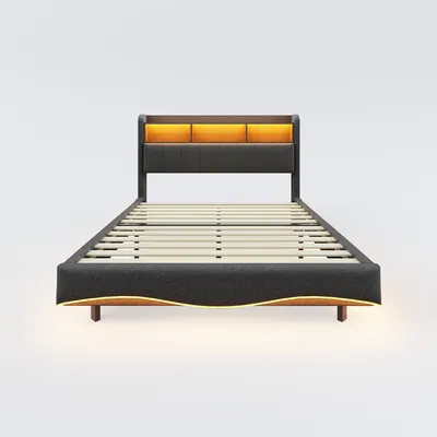 Produktbild von okwish Polsterbett 160*200 Kinderbett multifunktionales Stauraumbett mit LED-Licht, USB- und TYPE-C-Schnittstelle,Abgehängtes Design,ohne Matratze,Grau