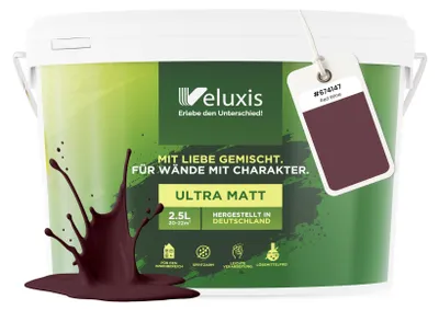 Produktbild von Wandfarbe Rot Braun Bordeaux Matt Innenfarbe – Deckkraft Klasse 1, VOC-frei, Ohne Grundierung, Tropfarm – Wohnzimmer & Schlafzimmer – 2,5L – Veluxis (Red Wine)