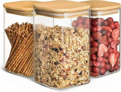 Immagine prodotto di Contenitore quadrato per smalti con coperchio in bambù - Ermetico e trasparente - Set di 3 - 1 litro
