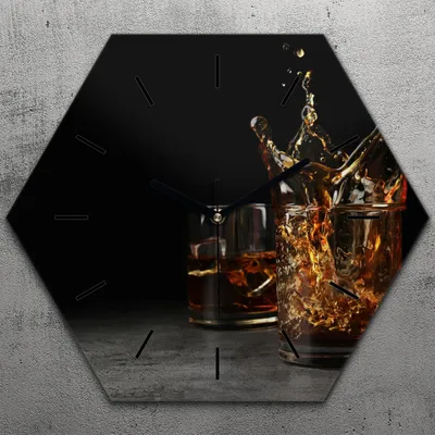 Produktbild von Uhr hexagonal 40 cm Glas Geräuschlos schwarze Zeiger - Whisky Glas