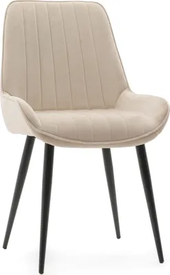 A single beige upholstered chair with black legs is shown against a white background.