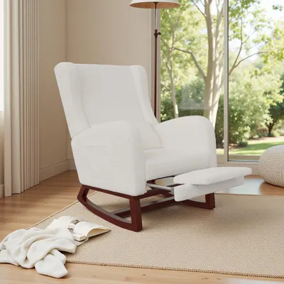 Immagine prodotto di Sedia a dondolo in tessuto effetto velluto bianco sporco con poggiagambe estensibile, tasche laterali e cuscino in dotazione