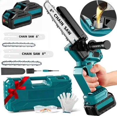 Produktbild von Bürstenlose Mini-Kettensäge, 6+8 Zoll Stromkettensäge, 2x4.0Ah Akku Kettensäge, tragbare Handheld-Säge zum Trimmen von Holz,Holzschnitt,Gartenwerkzeug