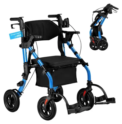 Produktbild von Faltbarer 2-in-1 Rollator mit Sitz, leichter Gehwagen mit Reifen, Gehhilfe bis 136 kg, Rückenlehne, Tasche und Gehstockhalter, höhenverstellbare Laufhilfe mit Feststellfunktion für Senioren, Blau