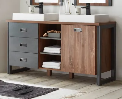 Produktbild von Doppelwaschtisch "Auburn" in Eiche Stirling und Matera grau Set inkl. 2 x Waschbecken
