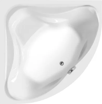A top-down view of a white corner bathtub.