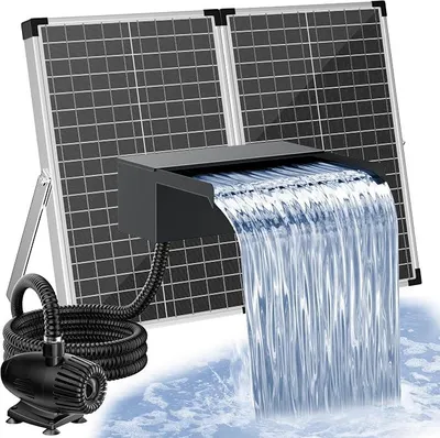Produktbild von 70W Solar Wasserfall mit Teichpumpe 2500 l/h im Außenbereich | Wasserfall Teich mit 30 cm breite Edelstahl-Wasserfall Box, 3,0 m Wellenrohr, betriebsbereit für Garten-Teichwasserfeatures