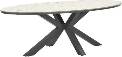 A product shot of an oval dining table with a dark gray X-shaped base and a light wood-look tabletop.