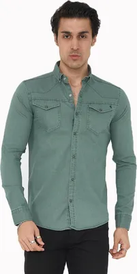 Produktbild von Premium Herren Hemd Basic Freizeithemd dickes Hemd Unifarben Langarm Slim-Fit 100% Baumwolle 3XL Olivengrün