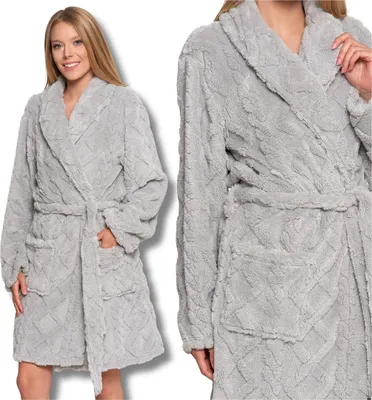 Obrázek produktu pro Moraj | Dámský župan z fleece s šálovým límcem | Reliéfní copánkový vzor | Teplý a měkký | Šedý | Velikost S