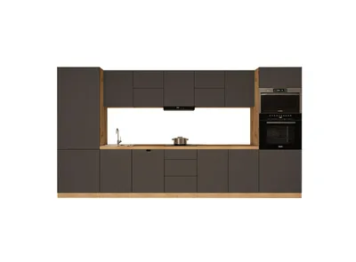 Produktbild von Küchenzeile 420 cm mit Mikrowellenumbauschrank Küchenblock Kühlumbauschrank Ohne Arbeitsplatte Einbauküche, Langen KL12-M420, Grau/Matt