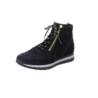 A black leather boot with a zipper and laces on a white background.