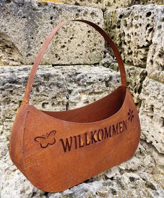 Produktbild von Edelrost Handtasche 32x33cm Tasche zum Bepflanzen Willkommen mit Blume und Schmetterling Rost Pflanztasche Blumentopf Windlicht Edelrost Gartendeko